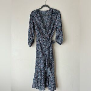 Blue Floral Wrap Long Sleeve Dress